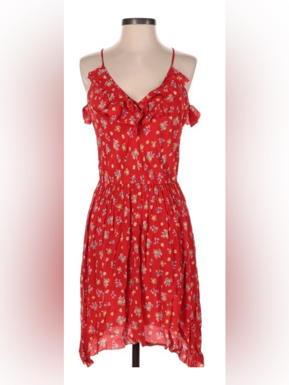Rebecca Taylor Red Floral Ruffle V-Neck Spaghetti Strap Dress Size 0
